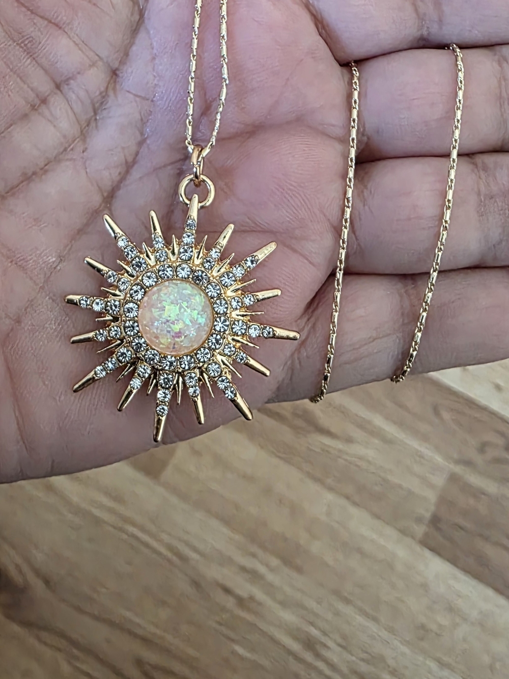 Gold Sunburst Pendant Necklace with Opal Center - Women's Jewelry